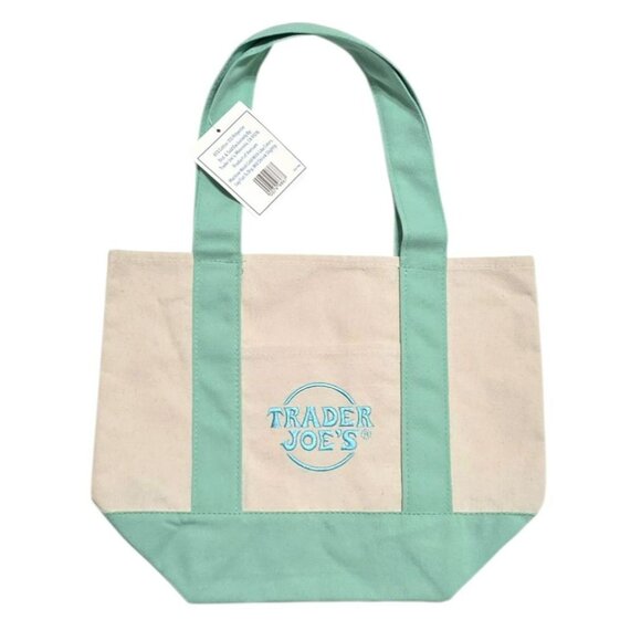 Trader Joes Canvas Tote Bag Mint Green Beige Reusable Grocery Book Sack Travel - Picture 2 of 6